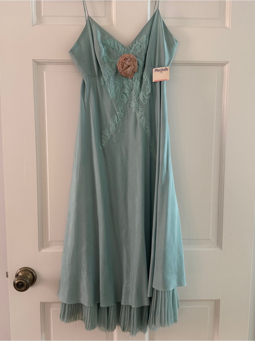 Teal Women’s Silk' Spaghetti-Strap Dress with Floral Accent